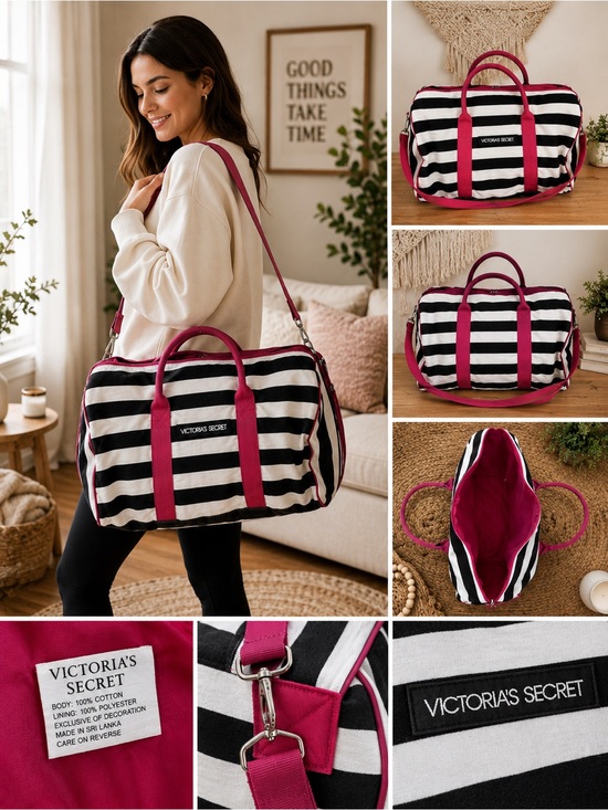 Victoria's Secret Handbags - Victoria's Secret Black and White Striped Travel Bag with Pink Trim